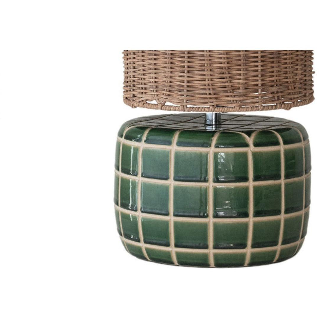 Close-up of the green reactive glazed tile grid on the ceramic lamp base - Creative Co-Op lamp - Whats New Furniture Portland