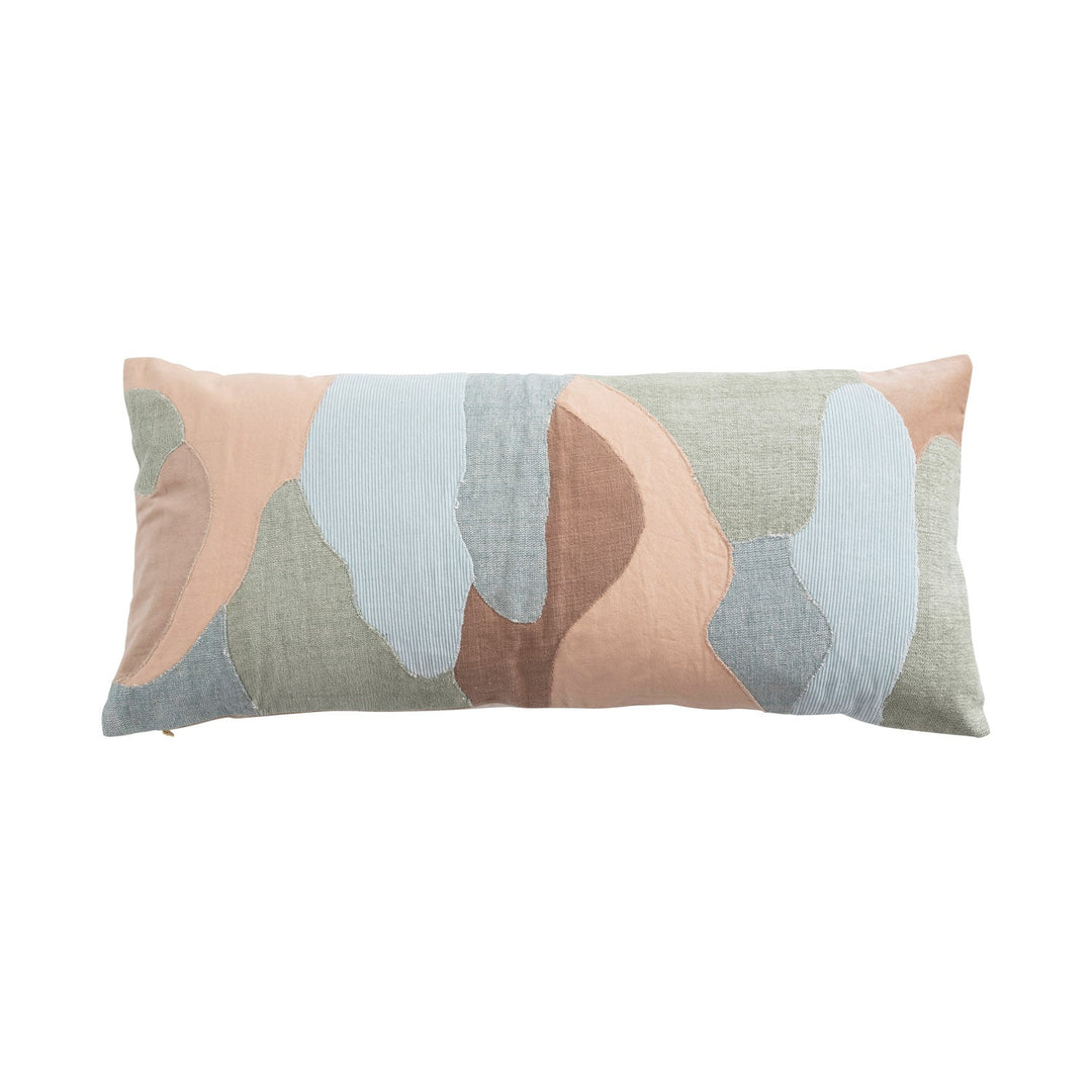 Cotton Blend Patchwork Lumbar Pillow 36-inch front view with sage blue and peach curved patchwork - pillow by Creative Co-Op - Whats New Furniture Portland OR