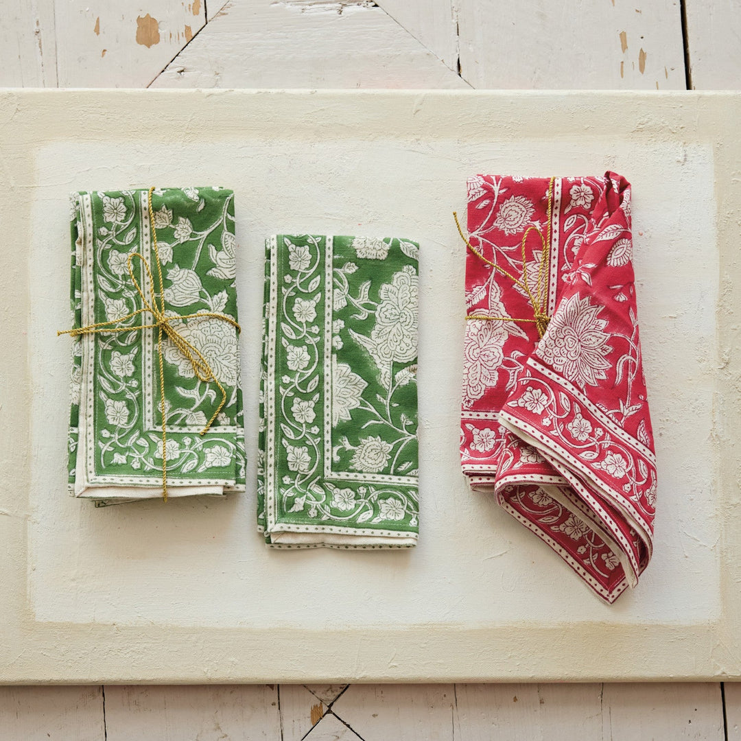 Cotton Block Print Napkins with Floral Pattern, Green &amp; White, Set of 4 styled on a table - kitchen textiles by Creative Co-Op - Whats New Furniture Portland OR