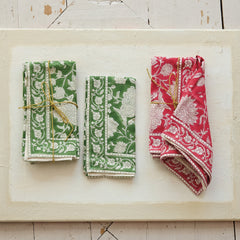 Cotton Block Print Napkins with Floral Pattern, Green &amp; White, Set of 4 styled on a table - kitchen textiles by Creative Co-Op - Whats New Furniture Portland OR