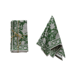 Cotton Block Print Napkins with Floral Pattern, Green &amp; White, Set of 4 folded set with one draped - kitchen textiles by Creative Co-Op - Whats New Furniture Portland OR