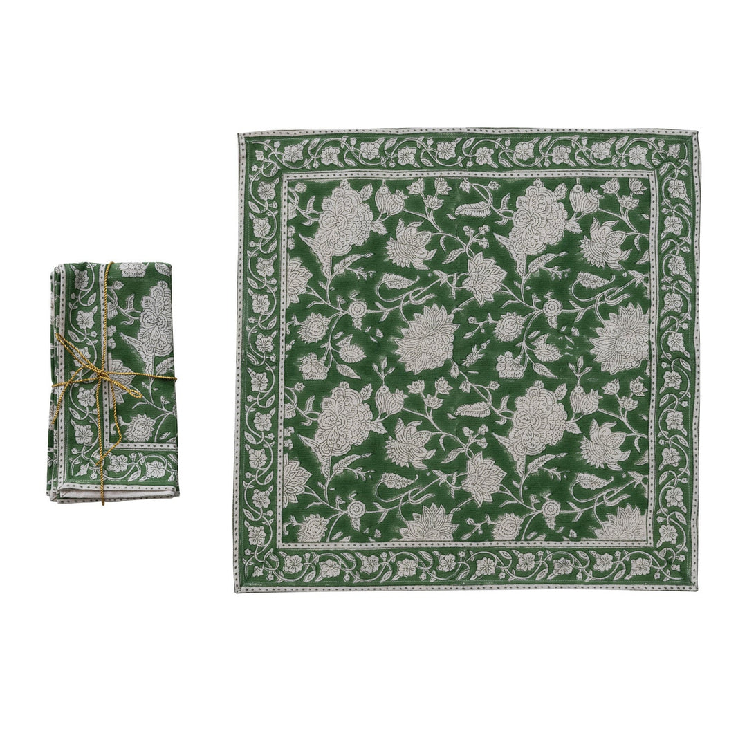 Cotton Block Print Napkins with Floral Pattern, Green &amp; White, Set of 4 folded and open - kitchen textiles by Creative Co-Op - Whats New Furniture Portland OR