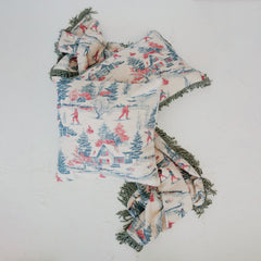 Cotton Slub Printed Throw with Ski Scene &amp; Bullion Fringe, 60" x 50" draped - soft goods by Creative Co-Op - Whats New Furniture Portland OR