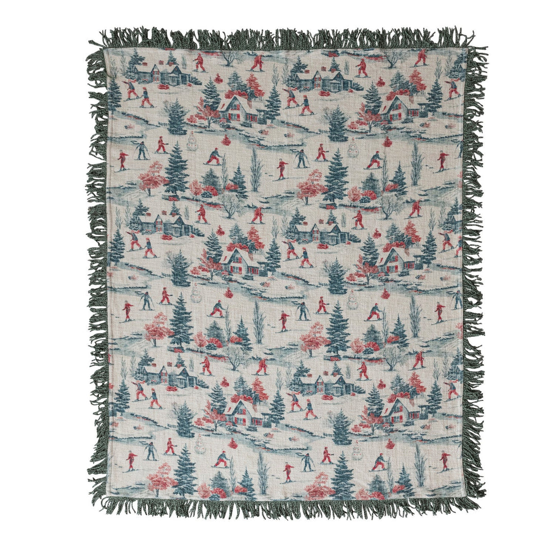 Cotton Slub Printed Throw with Ski Scene &amp; Bullion Fringe, 60" x 50" laid flat - soft goods by Creative Co-Op - Whats New Furniture Portland OR