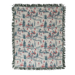Cotton Slub Printed Throw with Ski Scene &amp; Bullion Fringe, 60" x 50" laid flat - soft goods by Creative Co-Op - Whats New Furniture Portland OR