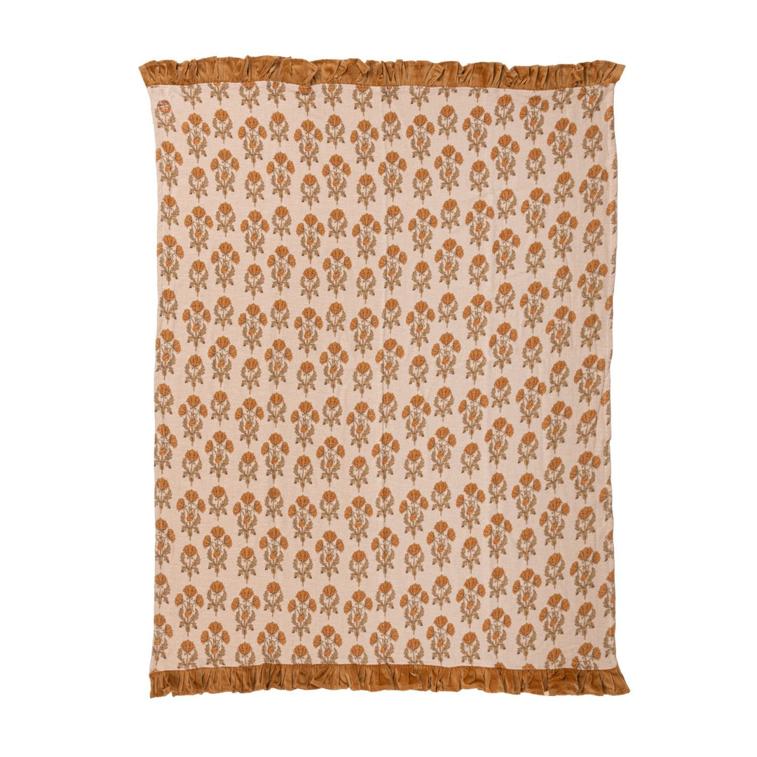 Cotton Slub Printed Throw with Velvet Ruffle, Mustard &amp; Green alternate view 6 - throw blanket by Creative Co-Op - Whats New Furniture Portland OR