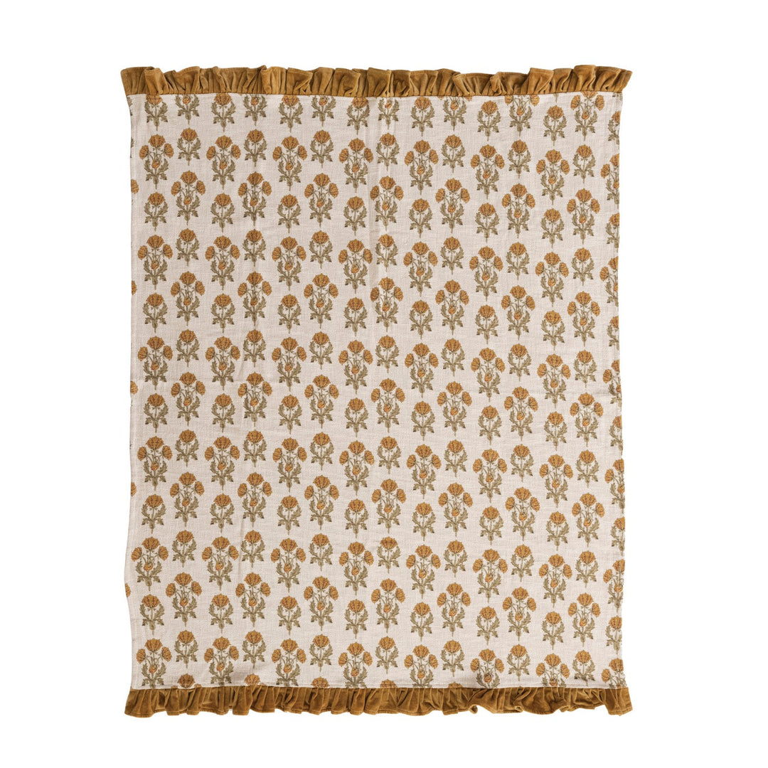 Cotton Slub Printed Throw with Velvet Ruffle, Mustard &amp; Green front view - throw blanket by Creative Co-Op - Whats New Furniture Portland OR
