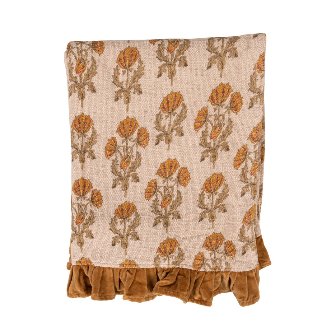 Cotton Slub Printed Throw with Velvet Ruffle, Mustard &amp; Green alternate view 9 - throw blanket by Creative Co-Op - Whats New Furniture Portland OR