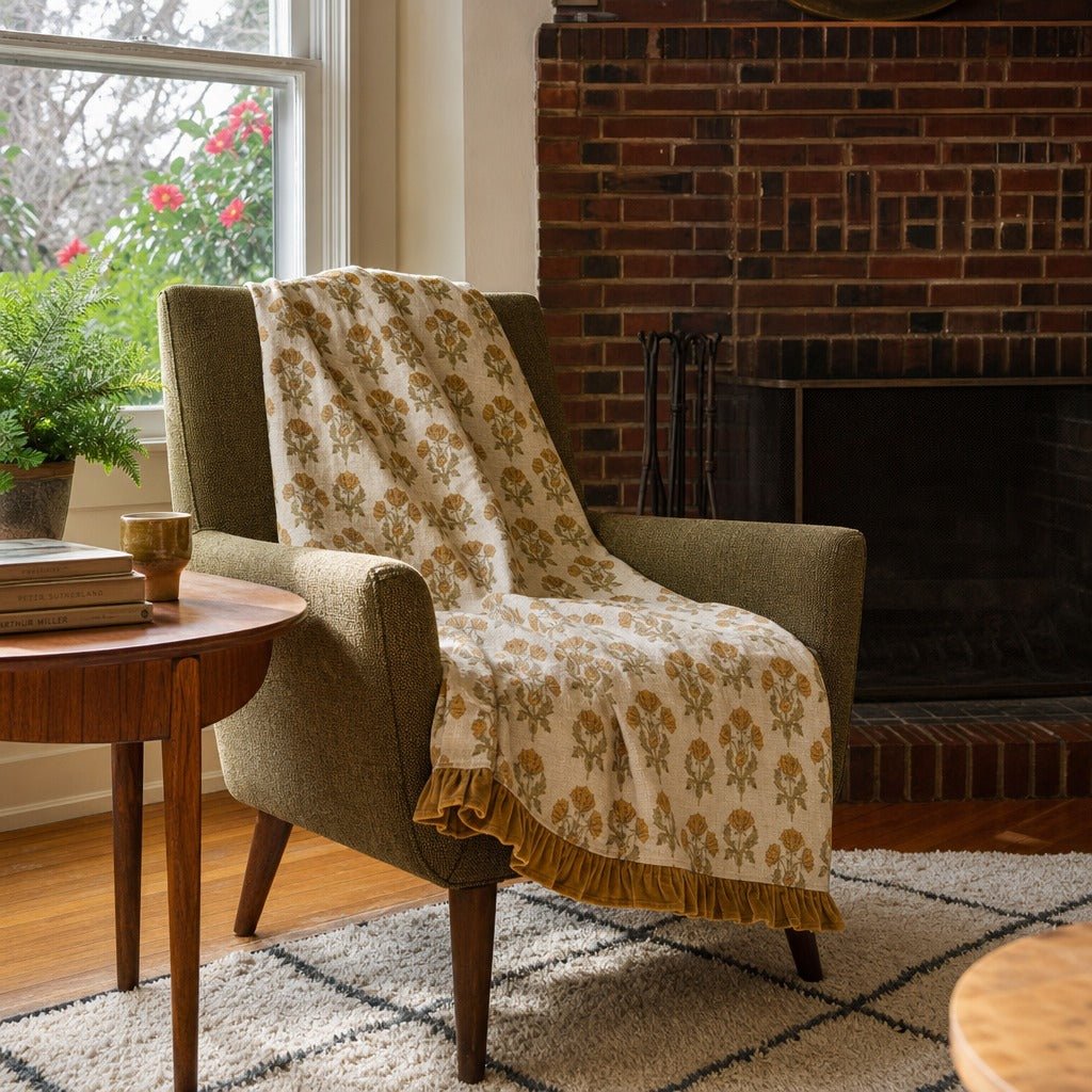 Cotton Slub Printed Throw with Velvet Ruffle, Mustard &amp; Green styled in a Portland living room - Whats New Furniture