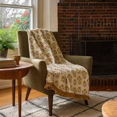 Cotton Slub Printed Throw with Velvet Ruffle, Mustard &amp; Green styled in a Portland living room - Whats New Furniture