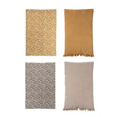 Both tea towel styles shown front and back with ruffled hems