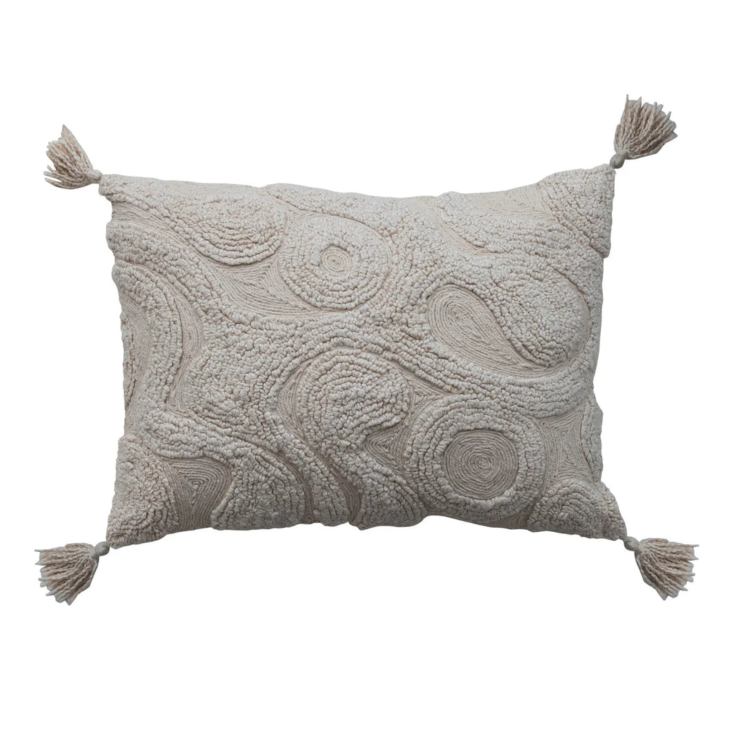 Cotton Tufted Lumbar Pillow with Design & Tassels, Cream