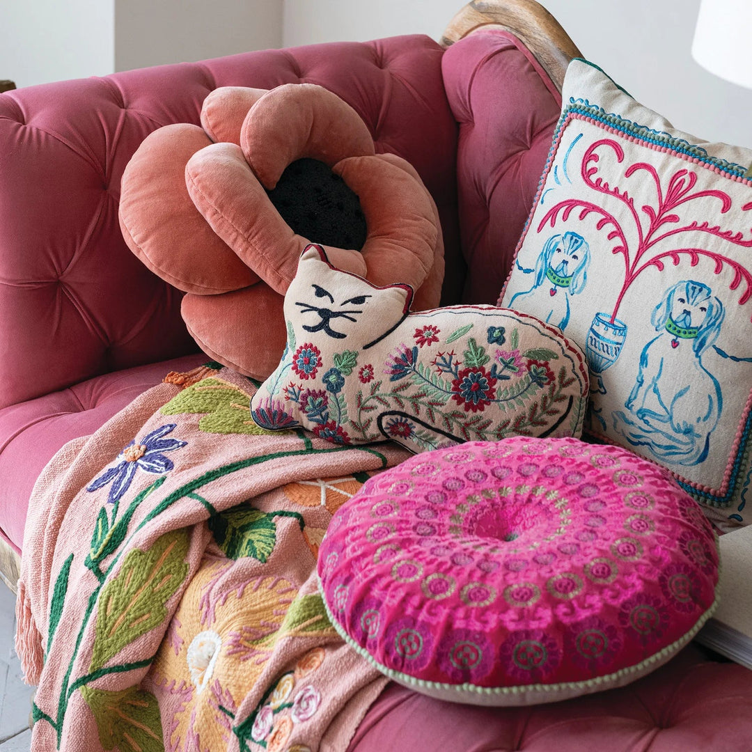 Cotton Velvet Cat Shaped Pillow with Botanicals &amp; Embroidery - What&