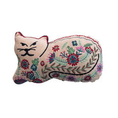 Cotton Velvet Cat Shaped Pillow with Botanicals &amp; Embroidery - What&