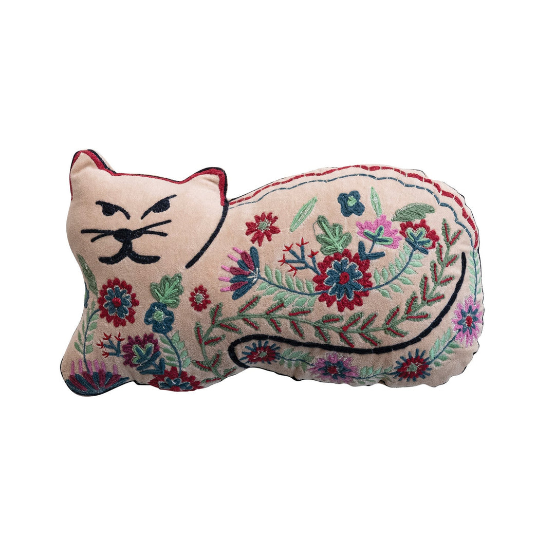 Cotton Velvet Cat Shaped Pillow with Botanicals & Embroidery - What's New Furniture - Portland, Oregon