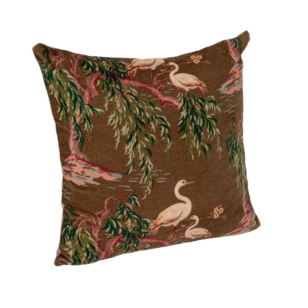 Cotton Velvet Chinoiserie Pillow with Chambray Back, 20" Square front at an angle - soft goods by Creative Co-Op - Whats New Furniture Portland OR