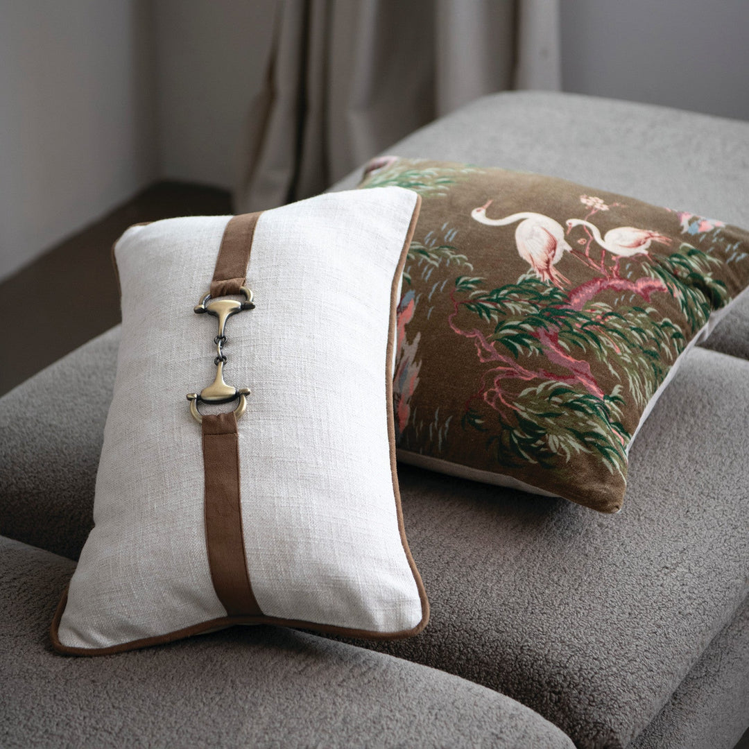 Cotton Velvet Chinoiserie Pillow with Chambray Back, 20" Square styled on a sofa - soft goods by Creative Co-Op - Whats New Furniture Portland OR