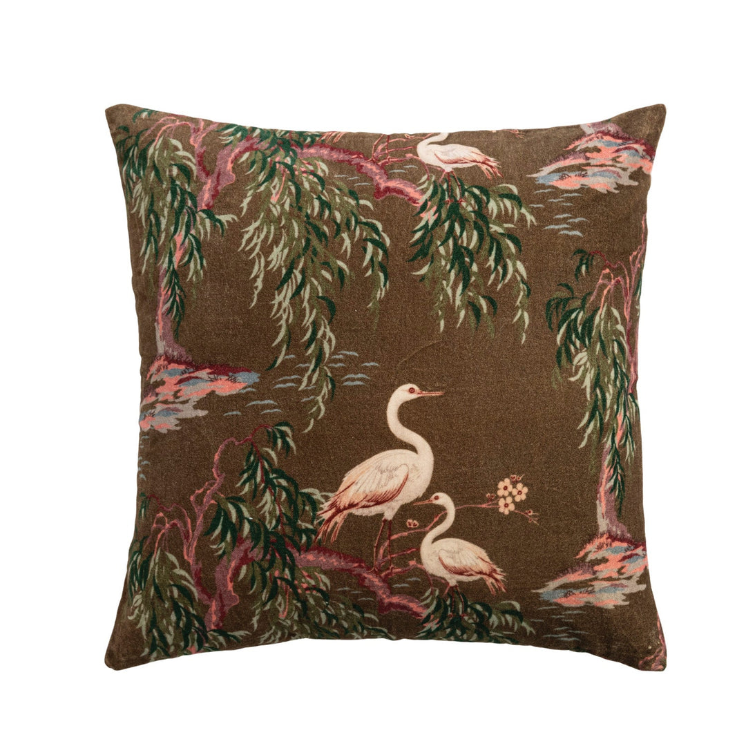 Cotton Velvet Chinoiserie Pillow with Chambray Back, 20" Square front - soft goods by Creative Co-Op - Whats New Furniture Portland OR