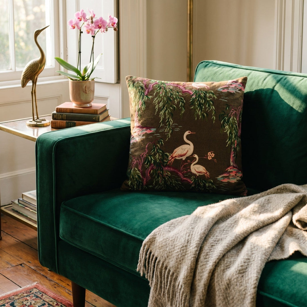 Cotton Velvet Chinoiserie Pillow with Chambray Back, 20" Square styled on a green velvet chair - soft goods by Creative Co-Op - Whats New Furniture Portland OR