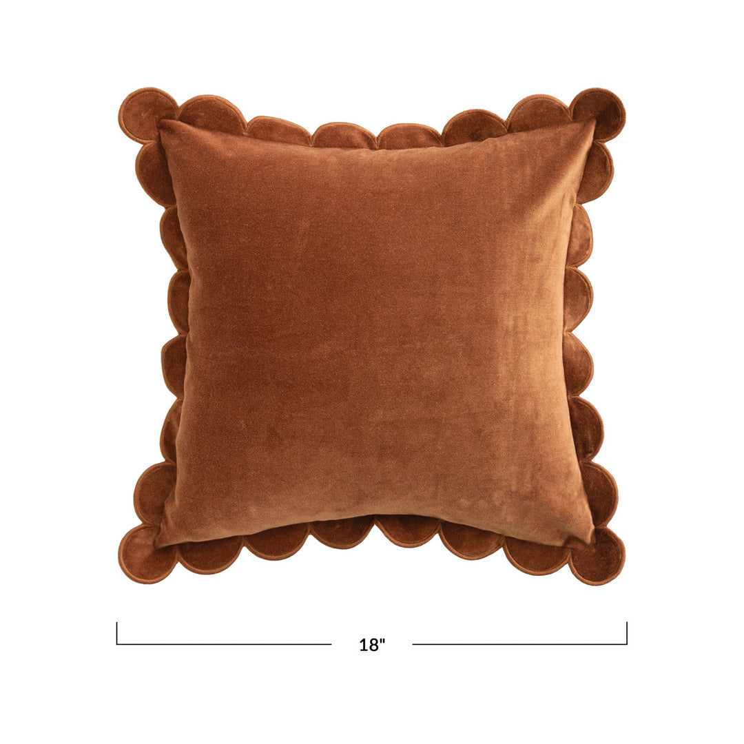 Cotton Velvet Pillow with Scalloped Flange &amp; Embroidered Edge, Brown, 18" Square front with scale - soft goods by Creative Co-Op - Whats New Furniture Portland OR