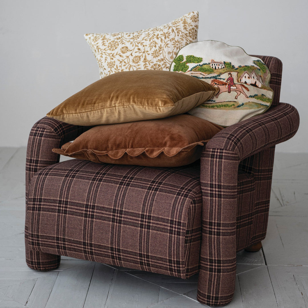 Cotton Velvet Pillow with Scalloped Flange &amp; Embroidered Edge, Brown, 18" Square styled on a chair with a second pillow - soft goods by Creative Co-Op - Whats New Furniture Portland OR
