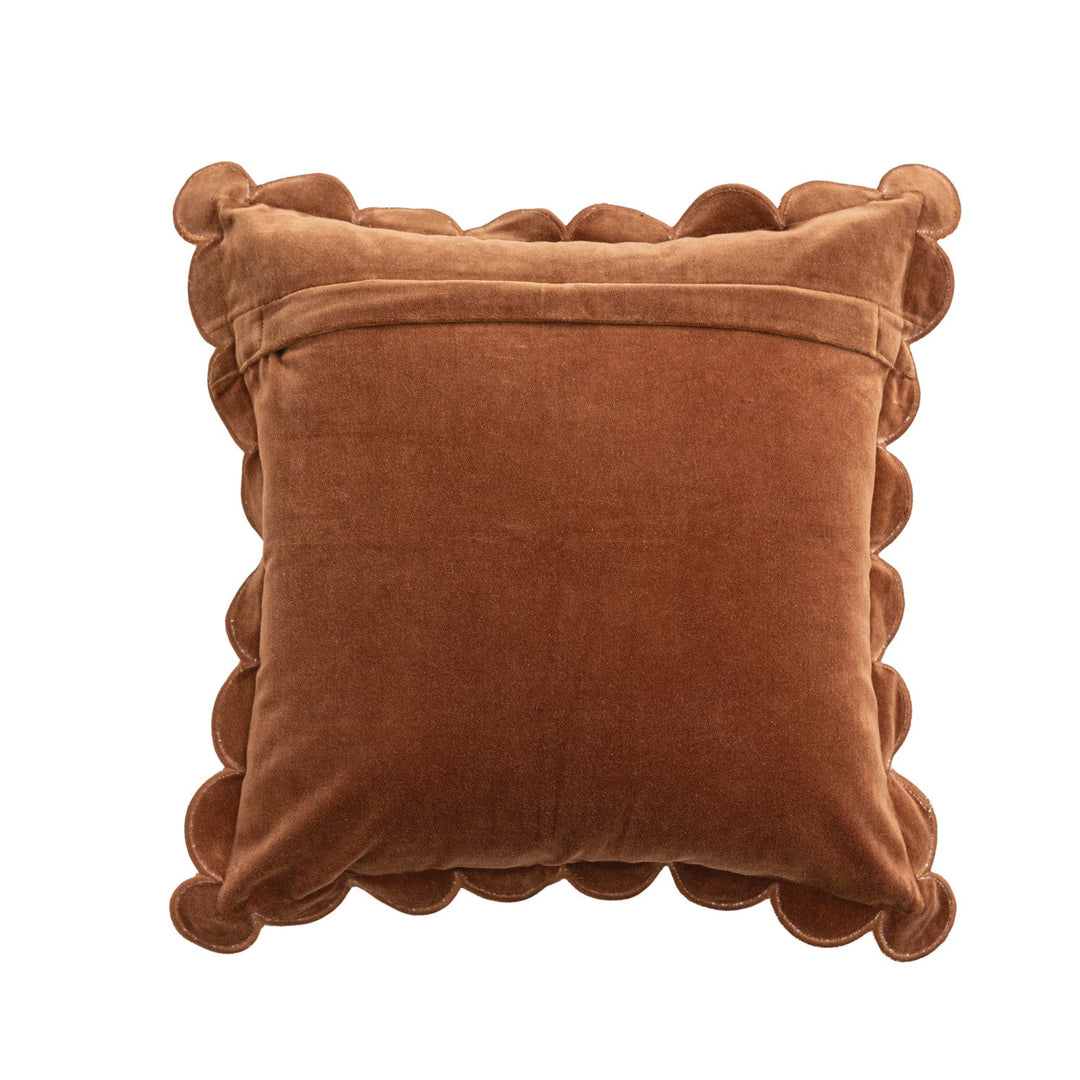 Cotton Velvet Pillow with Scalloped Flange &amp; Embroidered Edge, Brown, 18" Square back at an angle - soft goods by Creative Co-Op - Whats New Furniture Portland OR