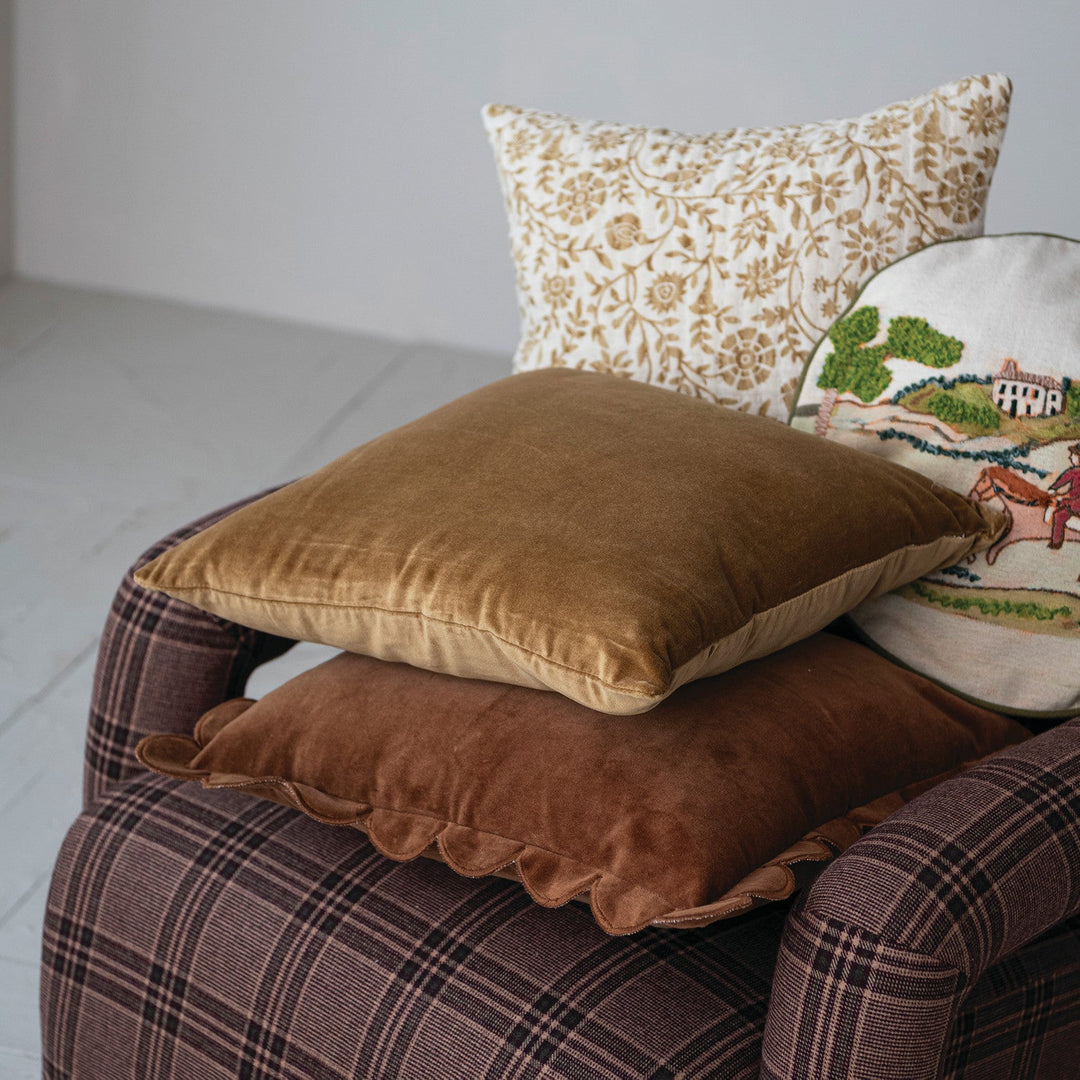 Cotton Velvet Pillow with Scalloped Flange &amp; Embroidered Edge, Brown, 18" Square styled on a chair - soft goods by Creative Co-Op - Whats New Furniture Portland OR