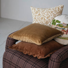 Cotton Velvet Pillow with Scalloped Flange &amp; Embroidered Edge, Brown, 18" Square styled on a chair - soft goods by Creative Co-Op - Whats New Furniture Portland OR
