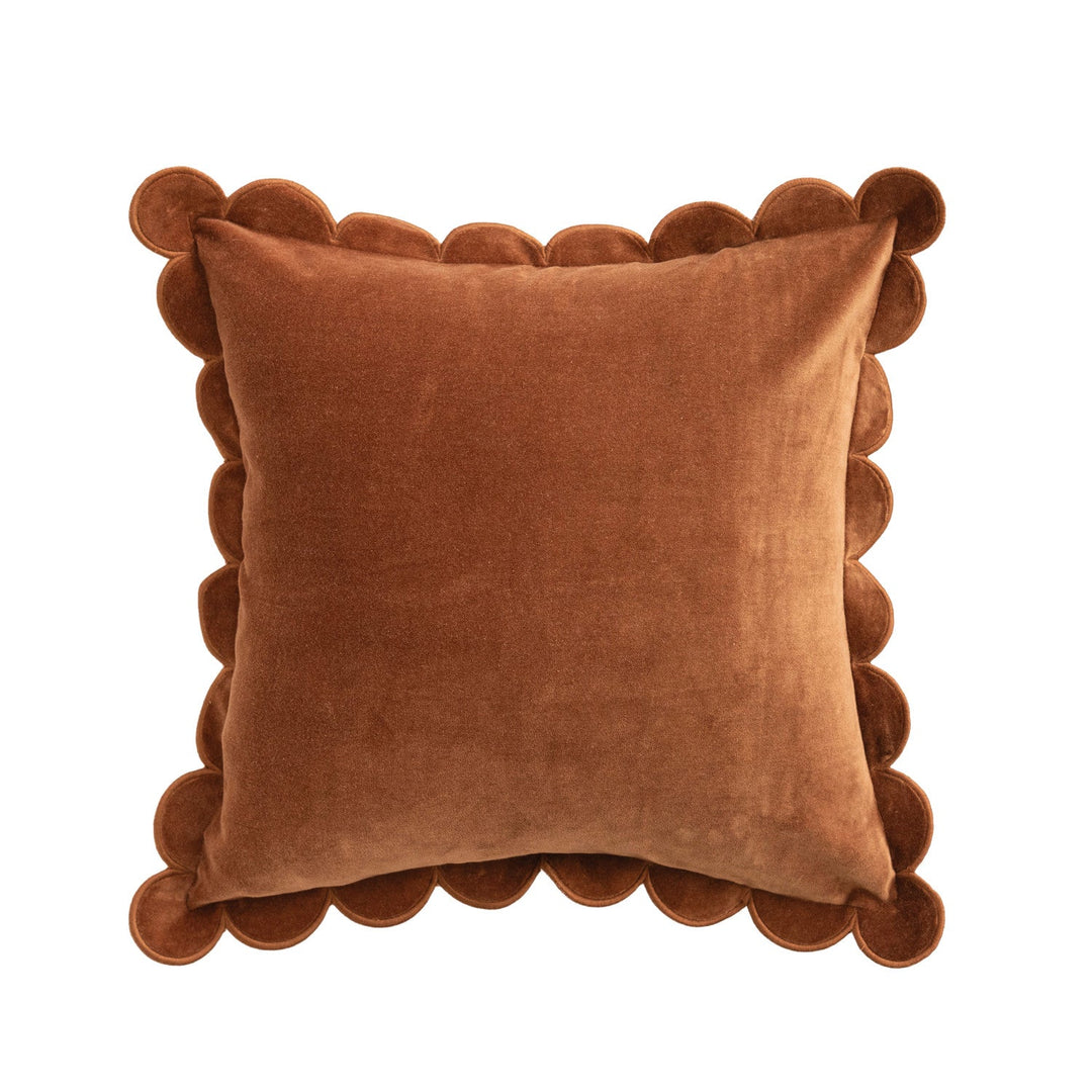 Cotton Velvet Pillow with Scalloped Flange &amp; Embroidered Edge, Brown, 18" Square front - soft goods by Creative Co-Op - Whats New Furniture Portland OR