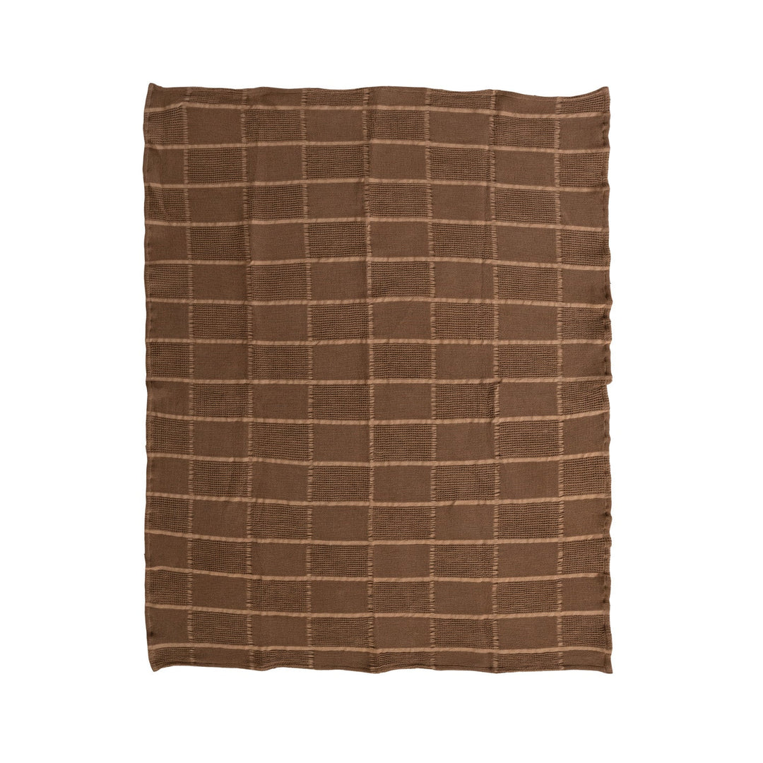 Cotton Waffle Weave Throw with grid pattern in brown laid flat front view - throw blanket by Creative Co-Op - Whats New Furniture Portland OR