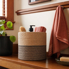 Woven Seagrass Basket, 8-3/4" Round styled in a Portland bathroom - What&