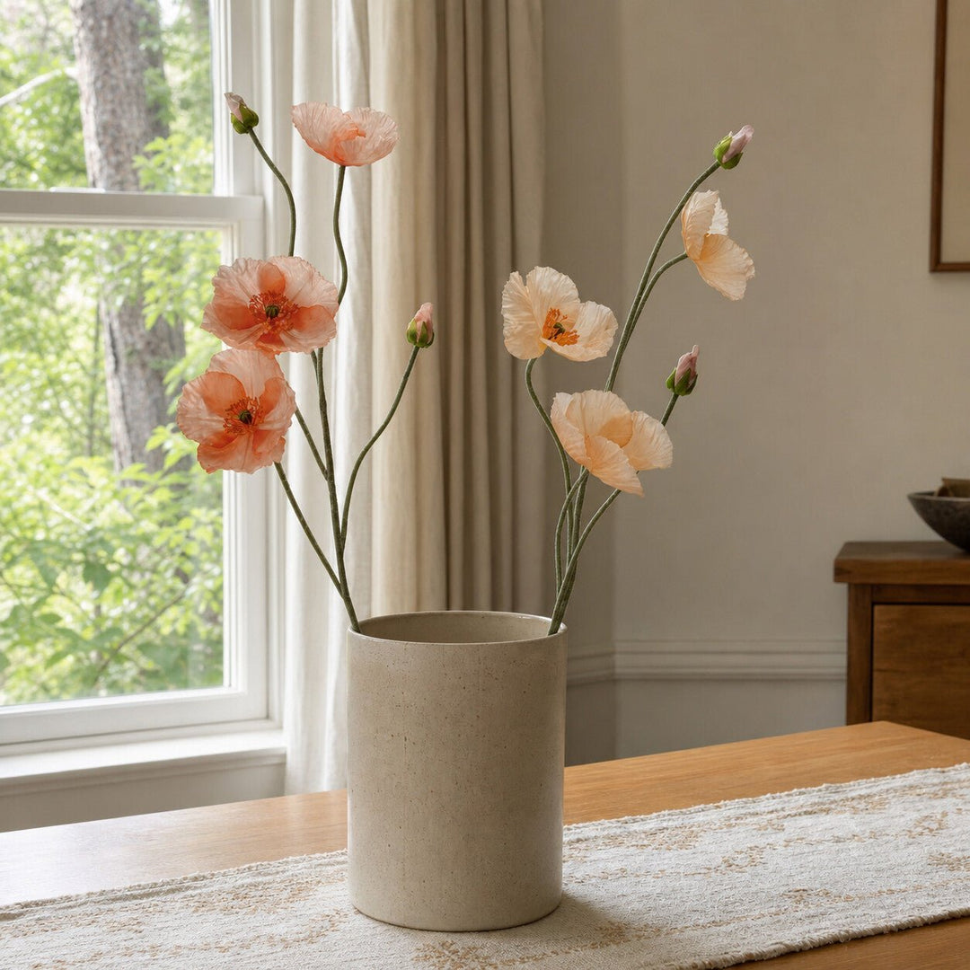 Pink and peach faux poppy flower picks styled in a Portland dining room - Whats New Furniture