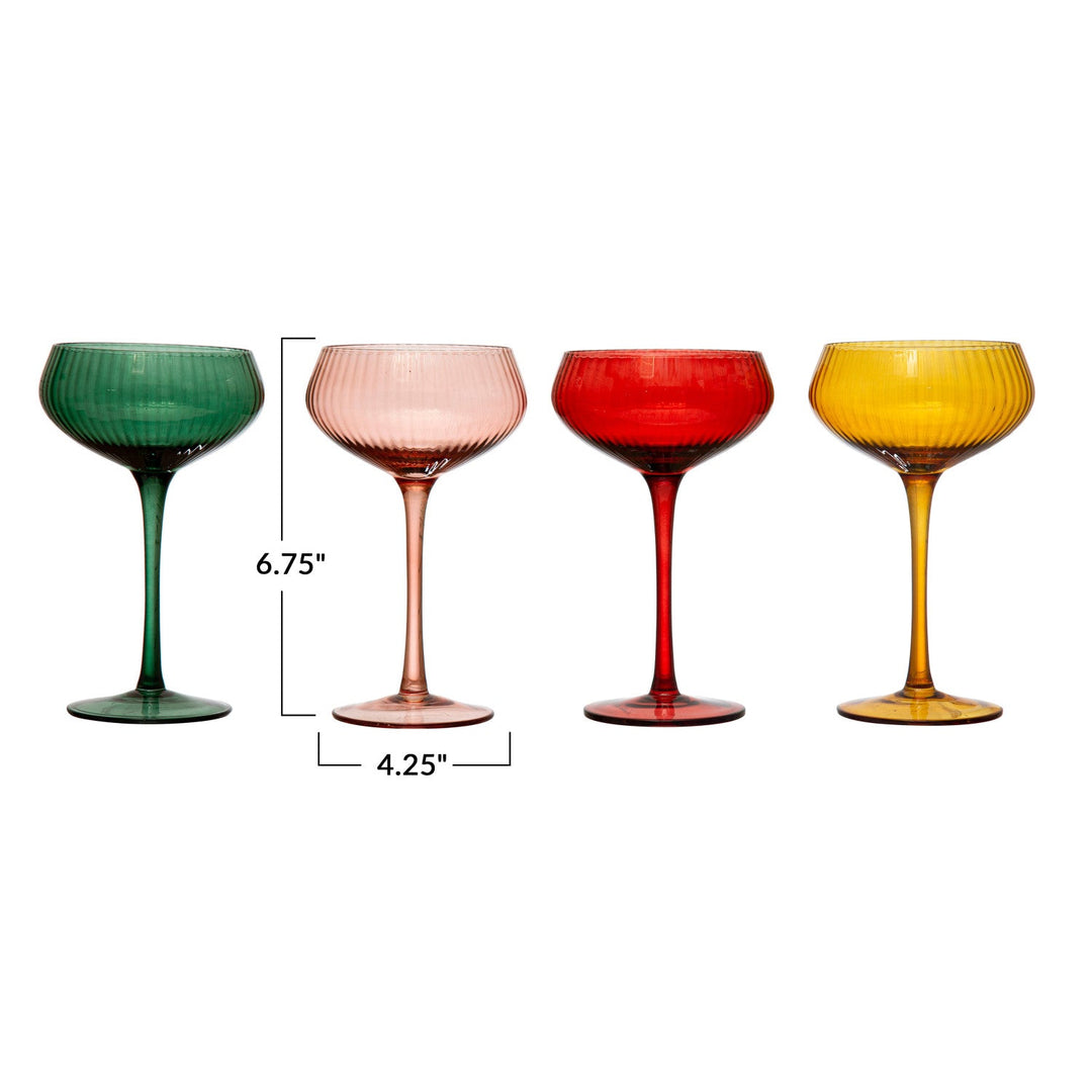 Dimension diagram of the fluted stemmed coupe glass showing 6.75 inch height and 4.25 inch diameter - Whats New Furniture Portland OR