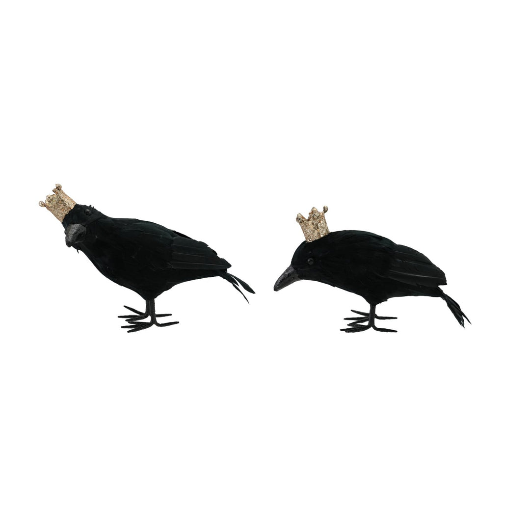 Black feathered crow with gold glitter crown assorted front view - Creative Co-Op - Whats New Furniture Portland OR