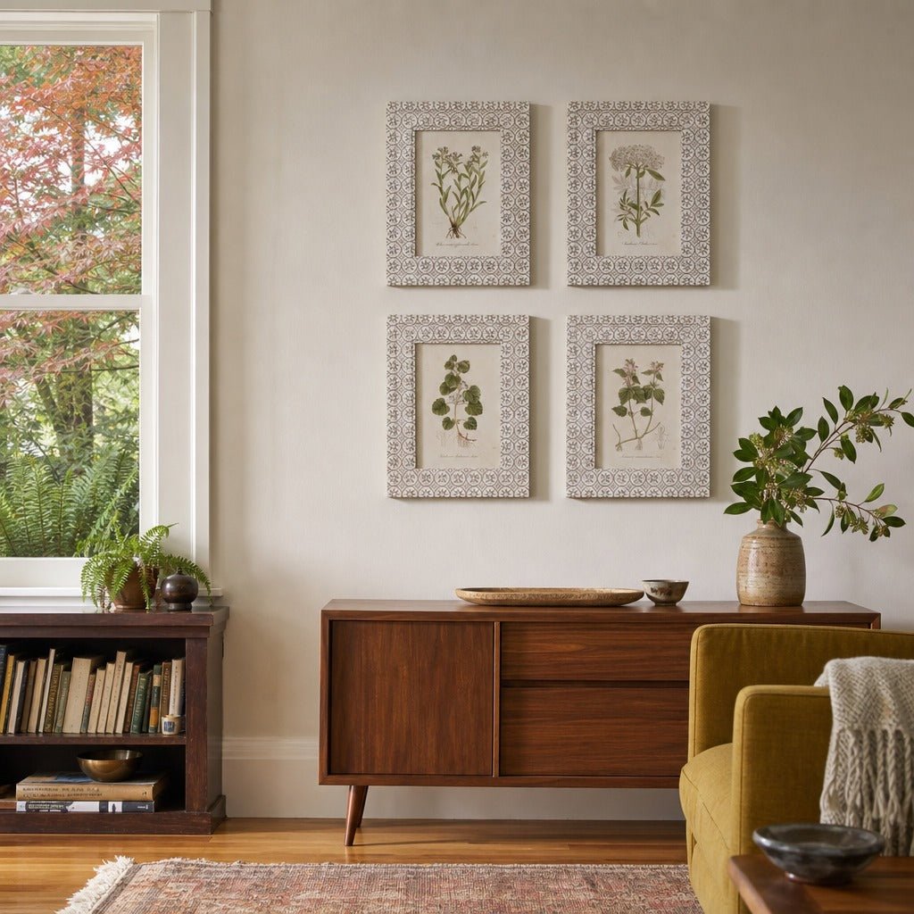 Framed Vintage Botanical Wall Art, Green &amp; White, 4 Styles styled in a Portland living room - Whats New Furniture