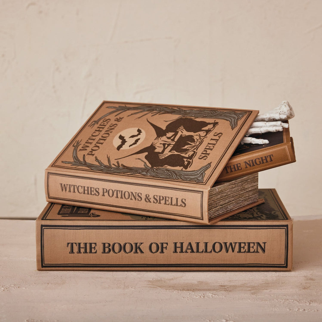 Halloween MDF and linen book storage boxes styled on a tabletop - Creative Co-Op - Whats New Furniture Portland OR