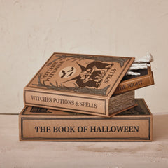 Halloween MDF and linen book storage boxes styled on a tabletop - Creative Co-Op - Whats New Furniture Portland OR