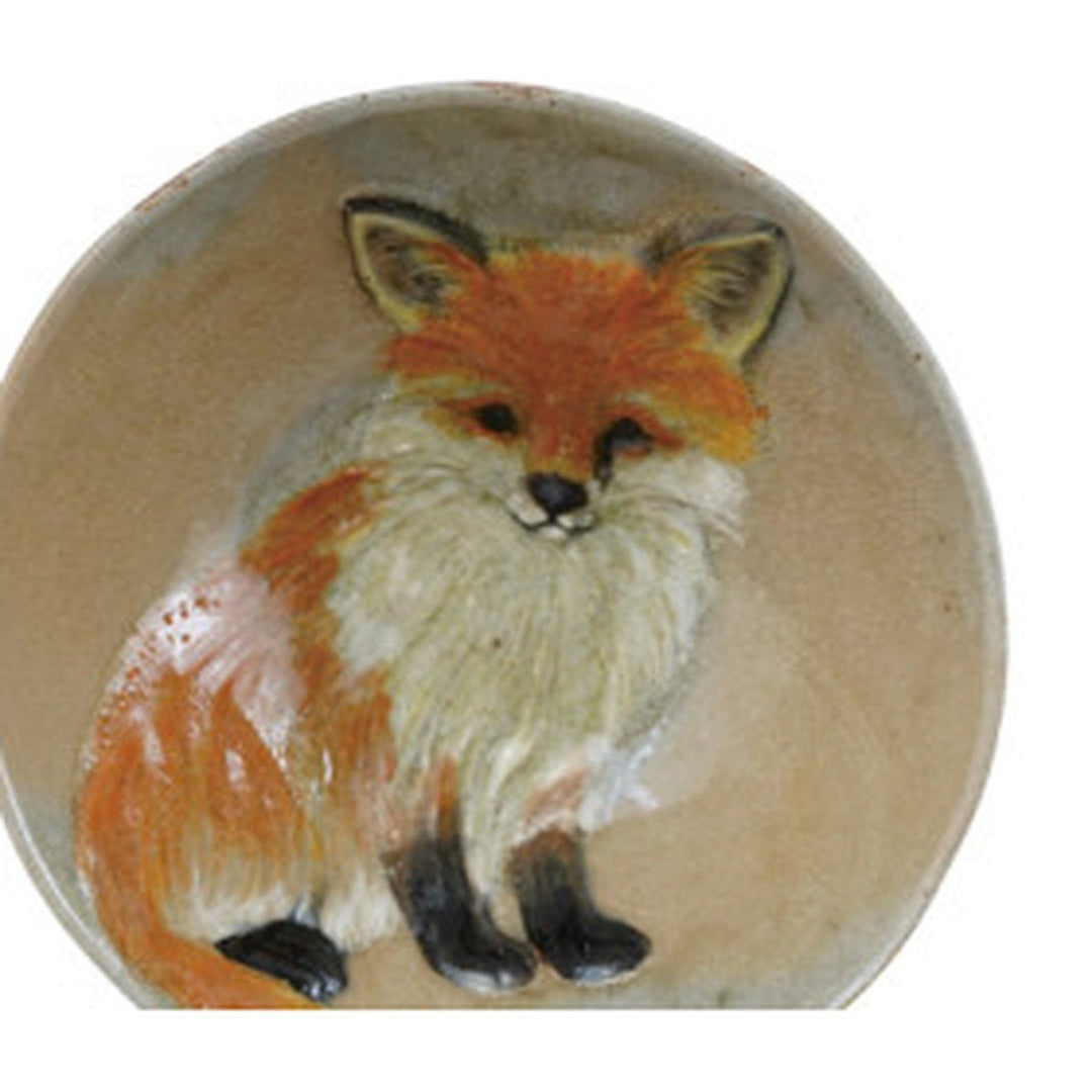 Close-up of the hand-painted fox inside the crackle glazed stoneware bowl - Creative Co-Op dinnerware - Whats New Furniture Portland
