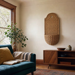 Hand-Woven Rattan Wall Basket, Natural, 34" Tall styled in a second Portland room - Whats New Furniture