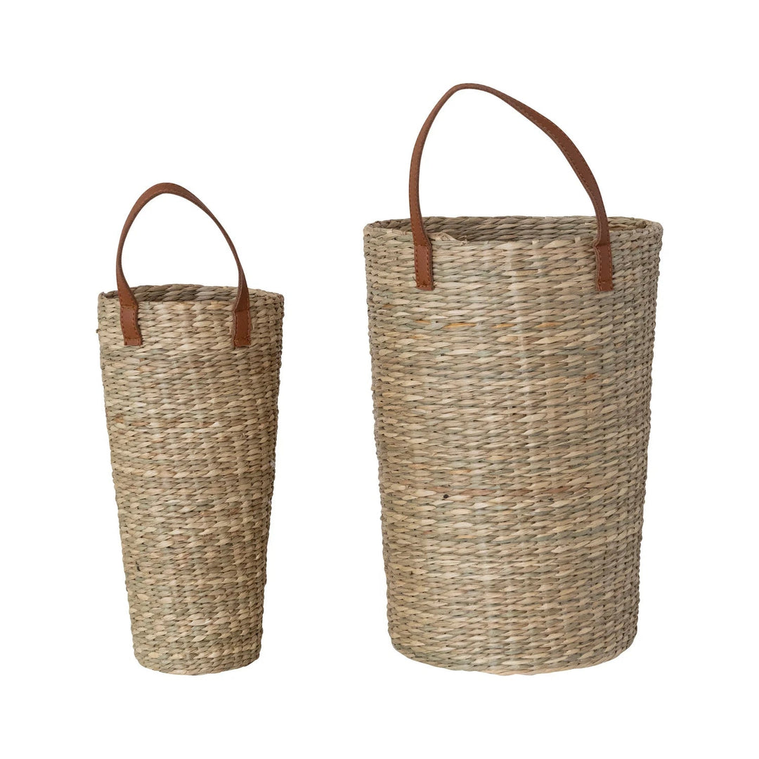 Hand-Woven Seagrass Baskets with Faux Leather Handle, Natural, Set of 2