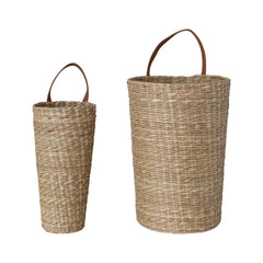 Hand-Woven Seagrass Baskets with Faux Leather Handle, Natural, Set of 2