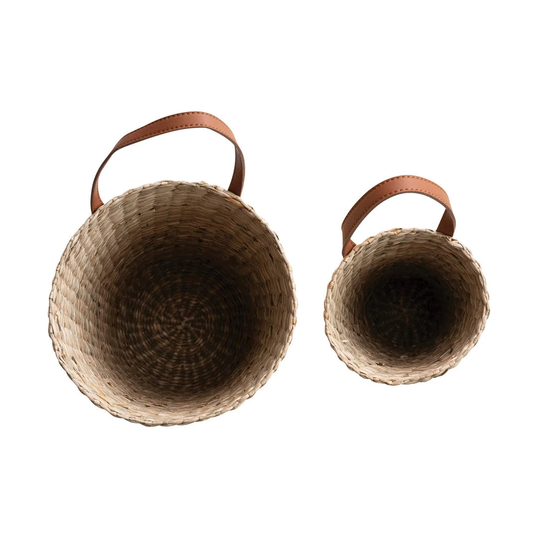 Hand-Woven Seagrass Baskets with Faux Leather Handle, Natural, Set of 2