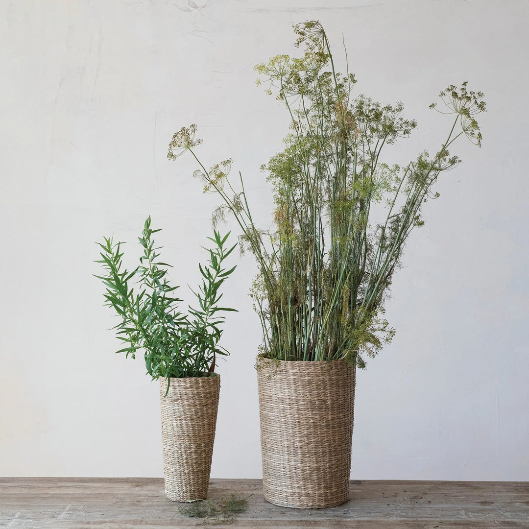 Hand-Woven Seagrass Baskets with Faux Leather Handle, Natural, Set of 2