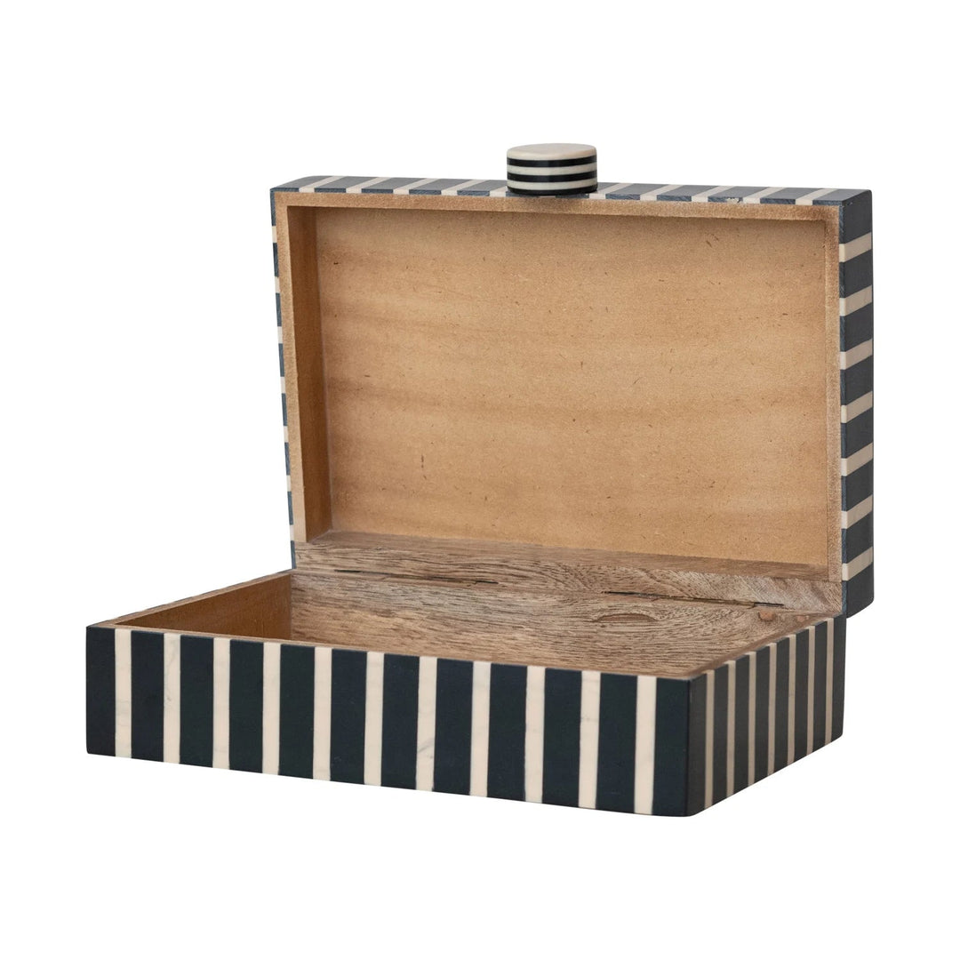 Handmade Mango Wood &amp; Resin Striped Box with Knob, Black &amp; Tan