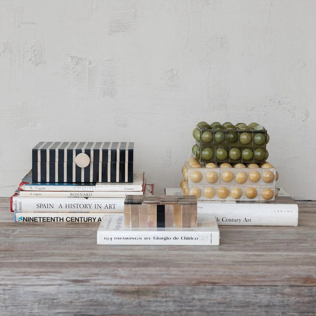 Handmade Mango Wood &amp; Resin Striped Box with Knob, Black &amp; Tan