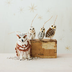 Handmade Wool Felt Owl Ornament, 4"H, 3 Styles styled on a holiday mantel - seasonal decor by Creative Co-Op - Whats New Furniture Portland OR
