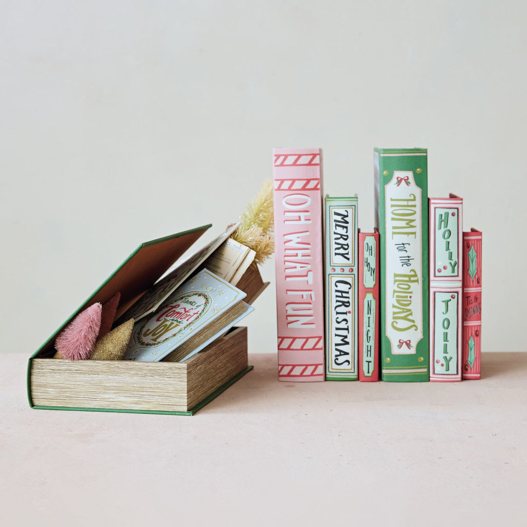 Holiday Book Storage Boxes, Set of 3, 3 Styles opened on a styled shelf - decorative storage by Creative Co-Op - Whats New Furniture Portland OR