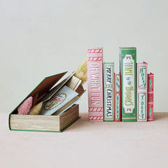 Holiday Book Storage Boxes, Set of 3, 3 Styles opened on a styled shelf - decorative storage by Creative Co-Op - Whats New Furniture Portland OR
