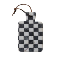 Checkerboard marble serving board with handle shown front on