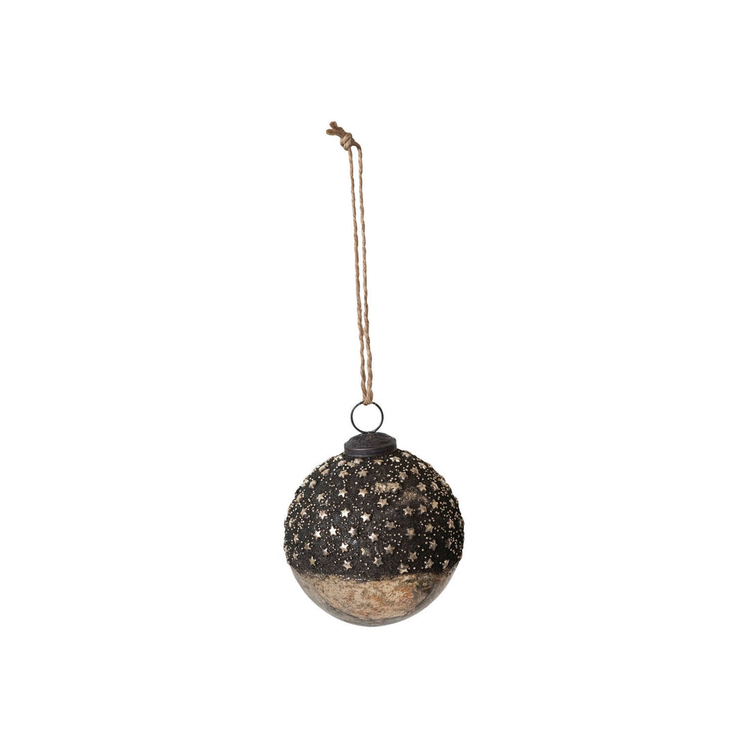 Mercury Glass Ball Ornament with Stars, Dipped Bronze &amp; Silver, 4" front - seasonal decor by Creative Co-Op - Whats New Furniture Portland OR